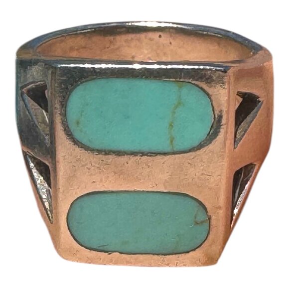 Hand Made Jewelry - Vintage Sterling Silver Ring With Turquoise Inlay & Geometric Cutouts Size 7